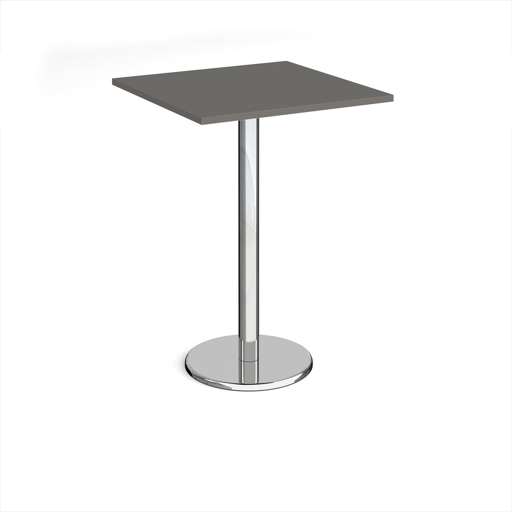 Square poseur table with grey top and chrome base on a white background