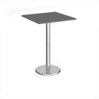 Square poseur table with grey top and chrome base on a white background