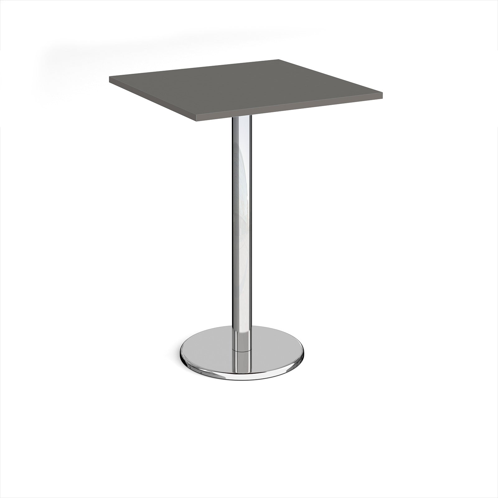 Square poseur table with grey top and chrome base on a white background