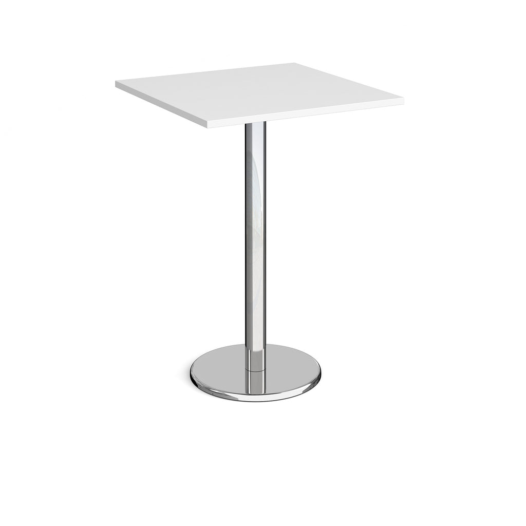 Square poseur table with white top and chrome base on a white background