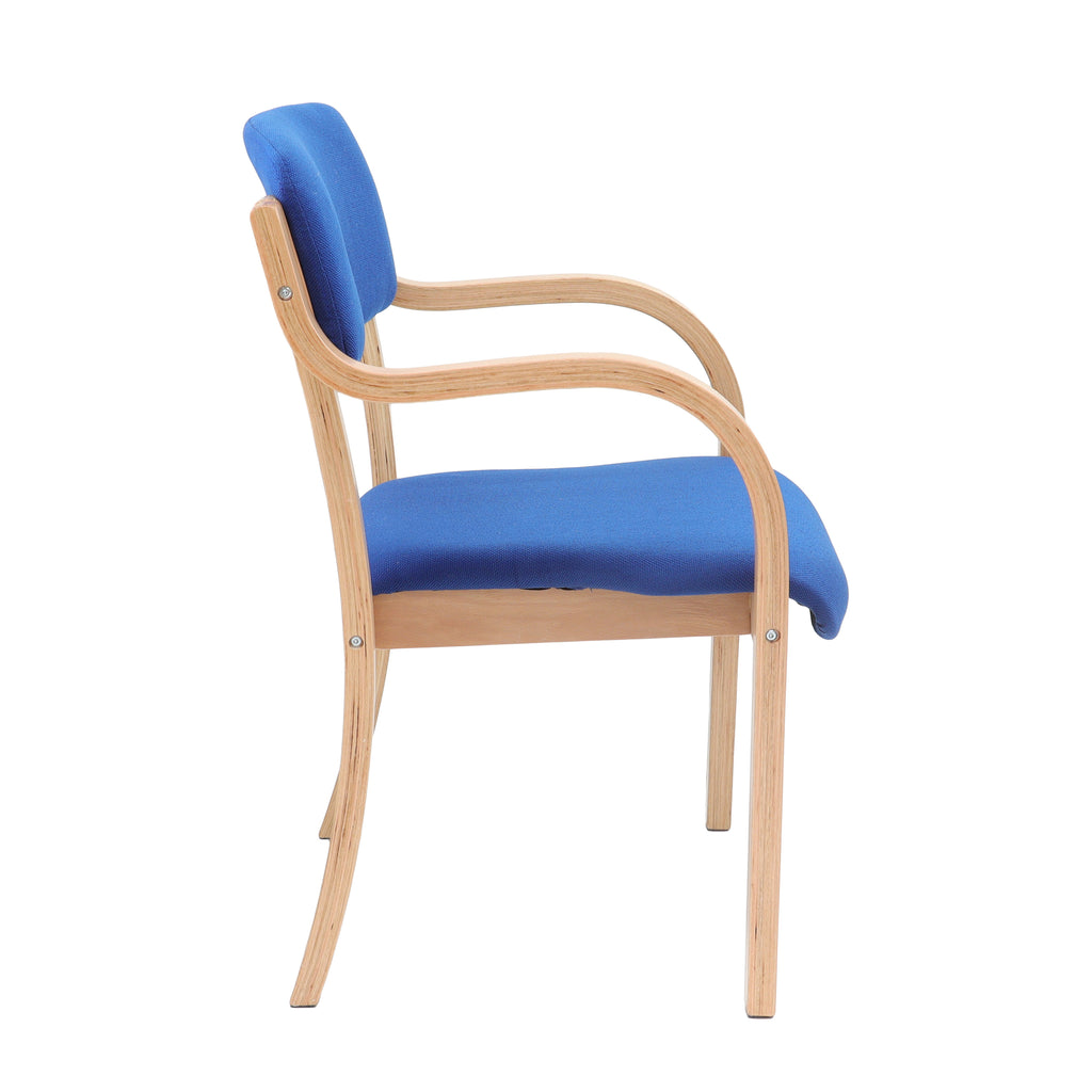 Chair with blue cushioned seat and backrest on a white background