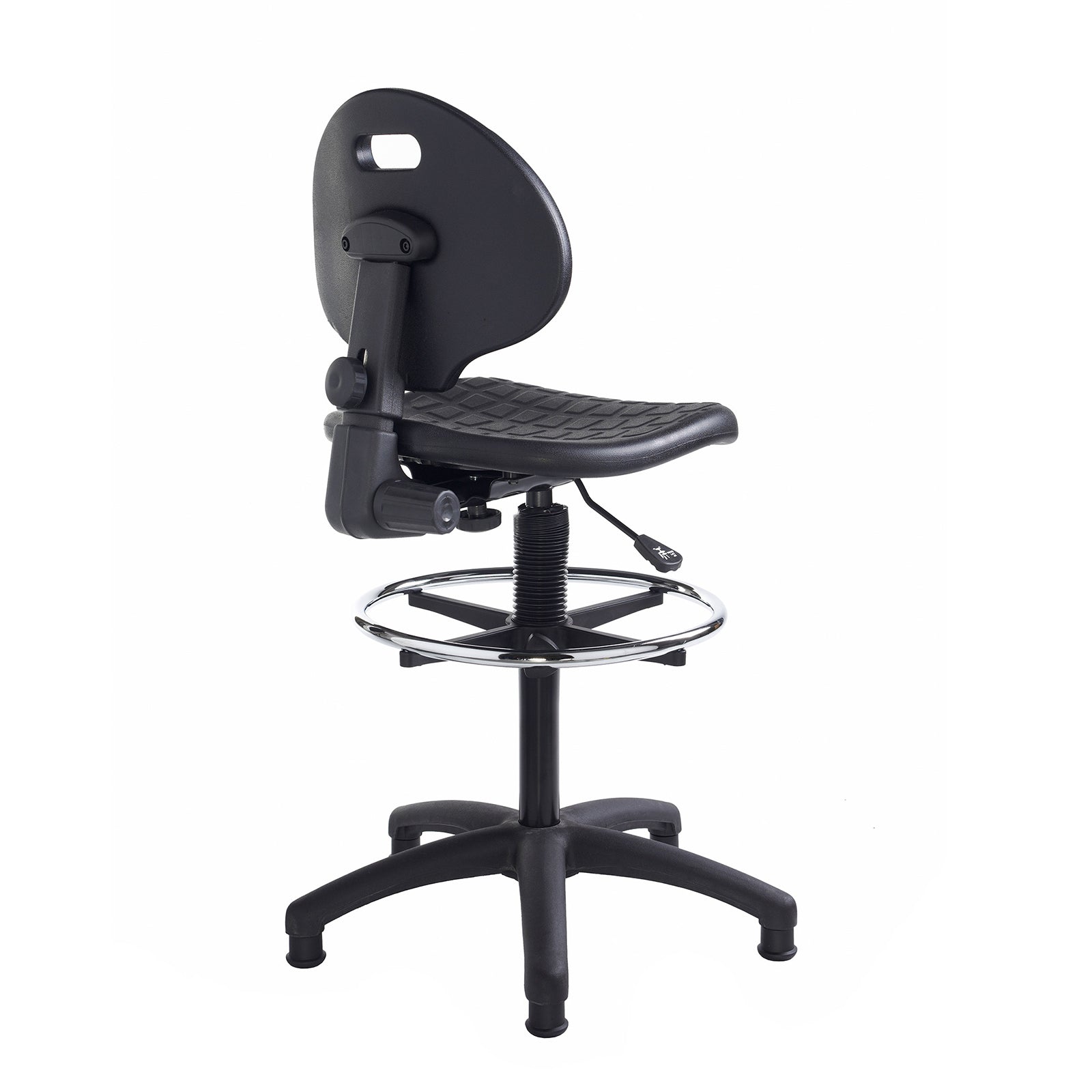 Adjustable draughtsman chair with a black contoured seat, height-adjustable backrest, chrome foot ring, and five-star base, shown on a white background.