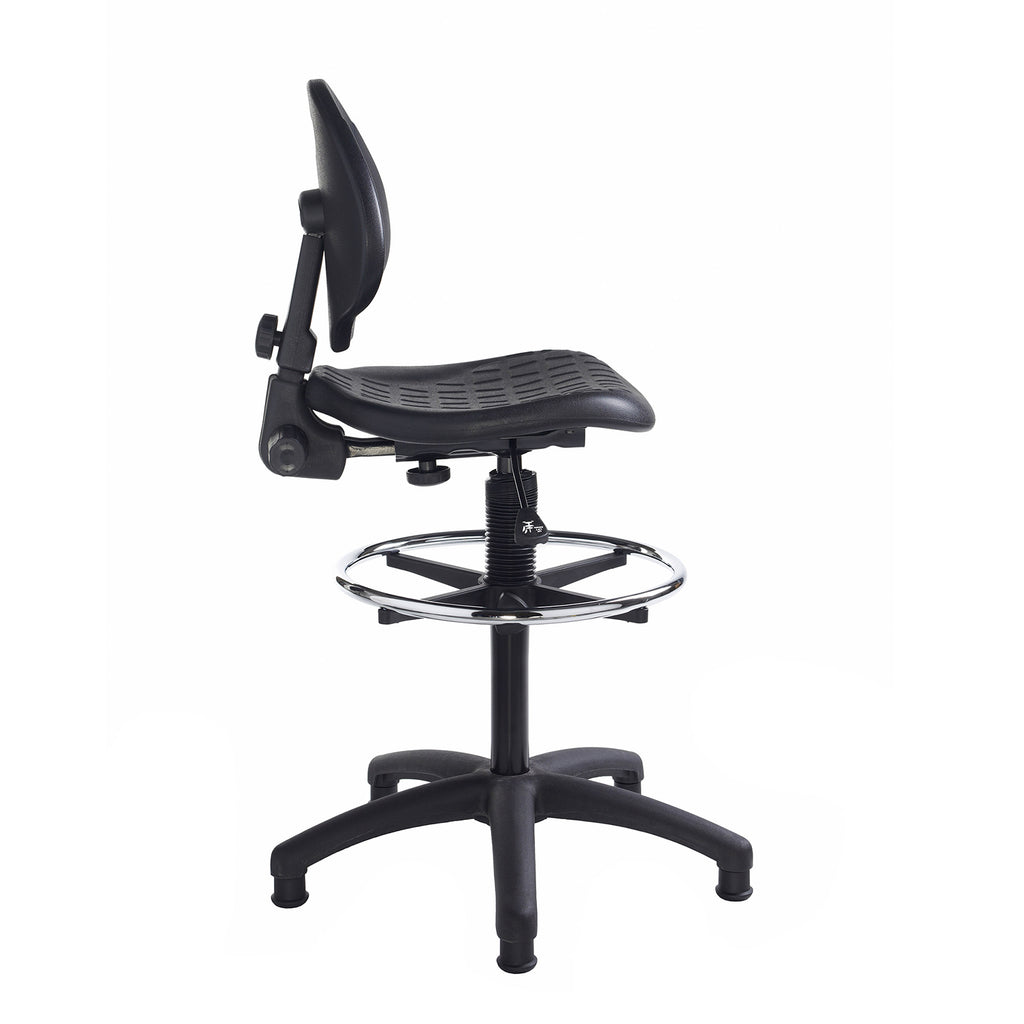 Adjustable draughtsman chair with a black contoured seat, height-adjustable backrest, chrome foot ring, and five-star base, shown on a white background.
