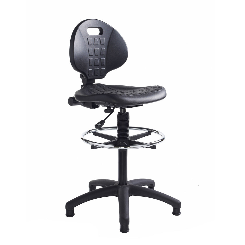 Adjustable draughtsman chair with a black contoured seat, height-adjustable backrest, chrome foot ring, and five-star base, shown on a white background.