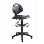 Adjustable draughtsman chair with a black contoured seat, height-adjustable backrest, chrome foot ring, and five-star base, shown on a white background.