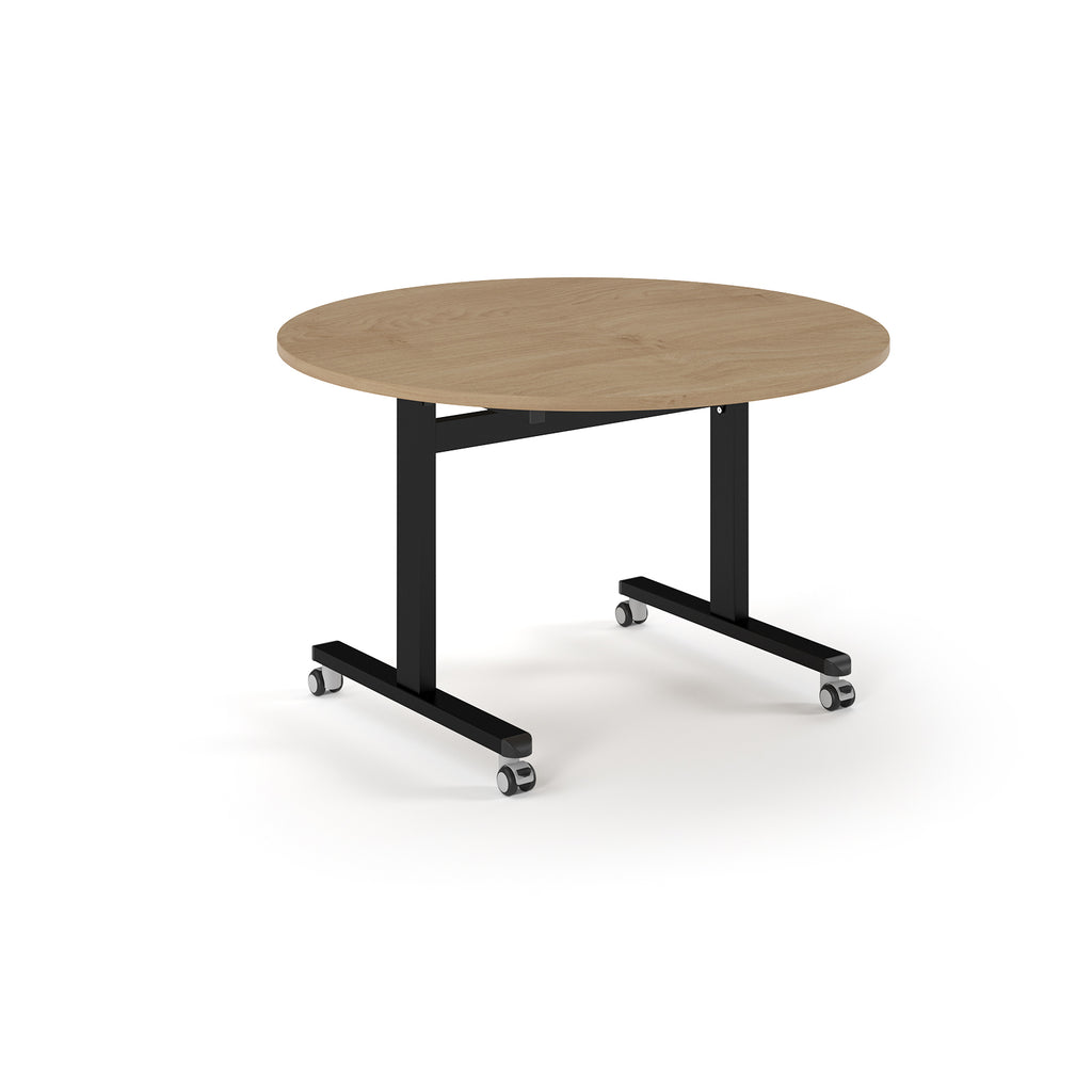 Round table with wood-effect top and metal legs with wheels on a white background