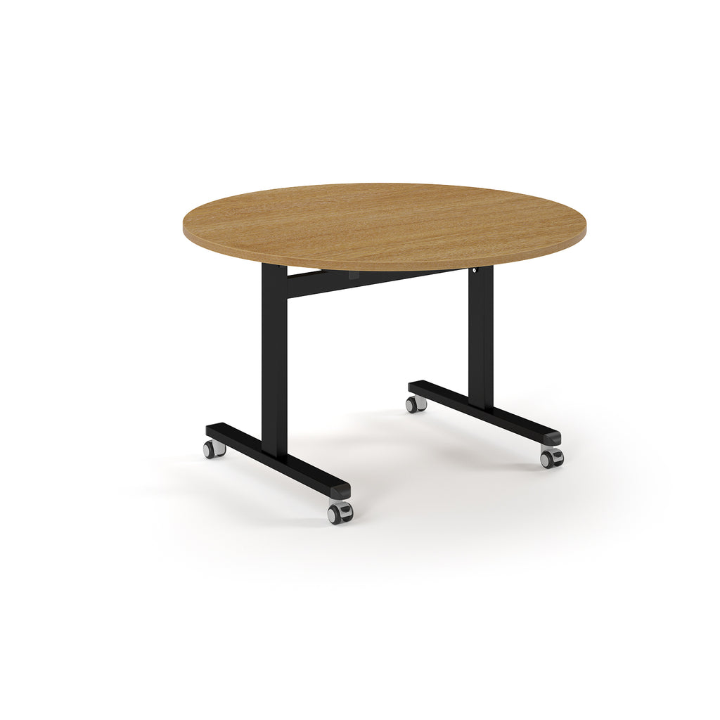 Round table with wood-effect top and metal legs with wheels on a white background