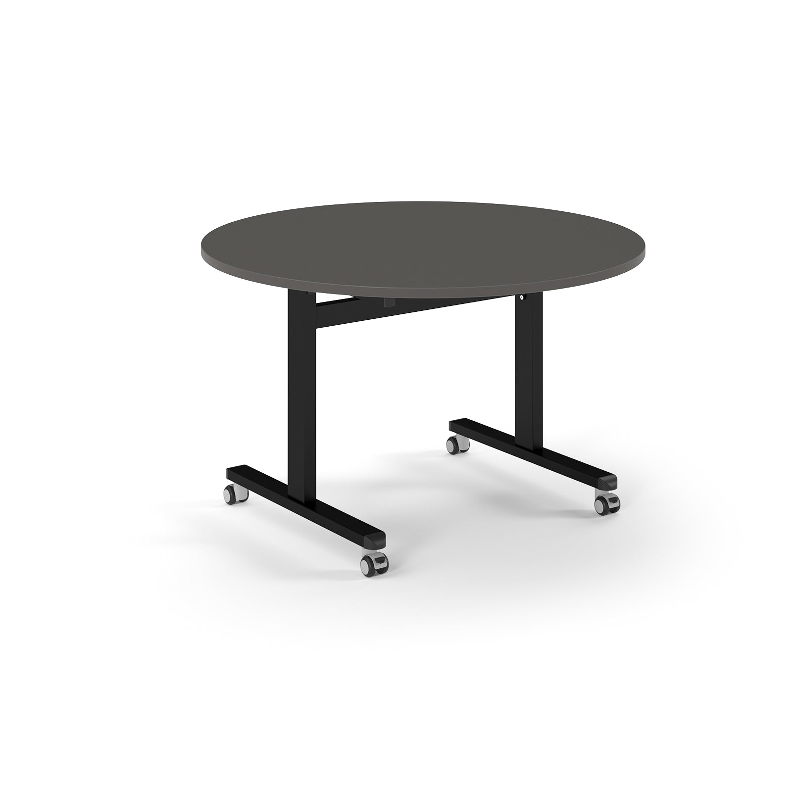 Round table with grey top and metal legs with wheels on a white background