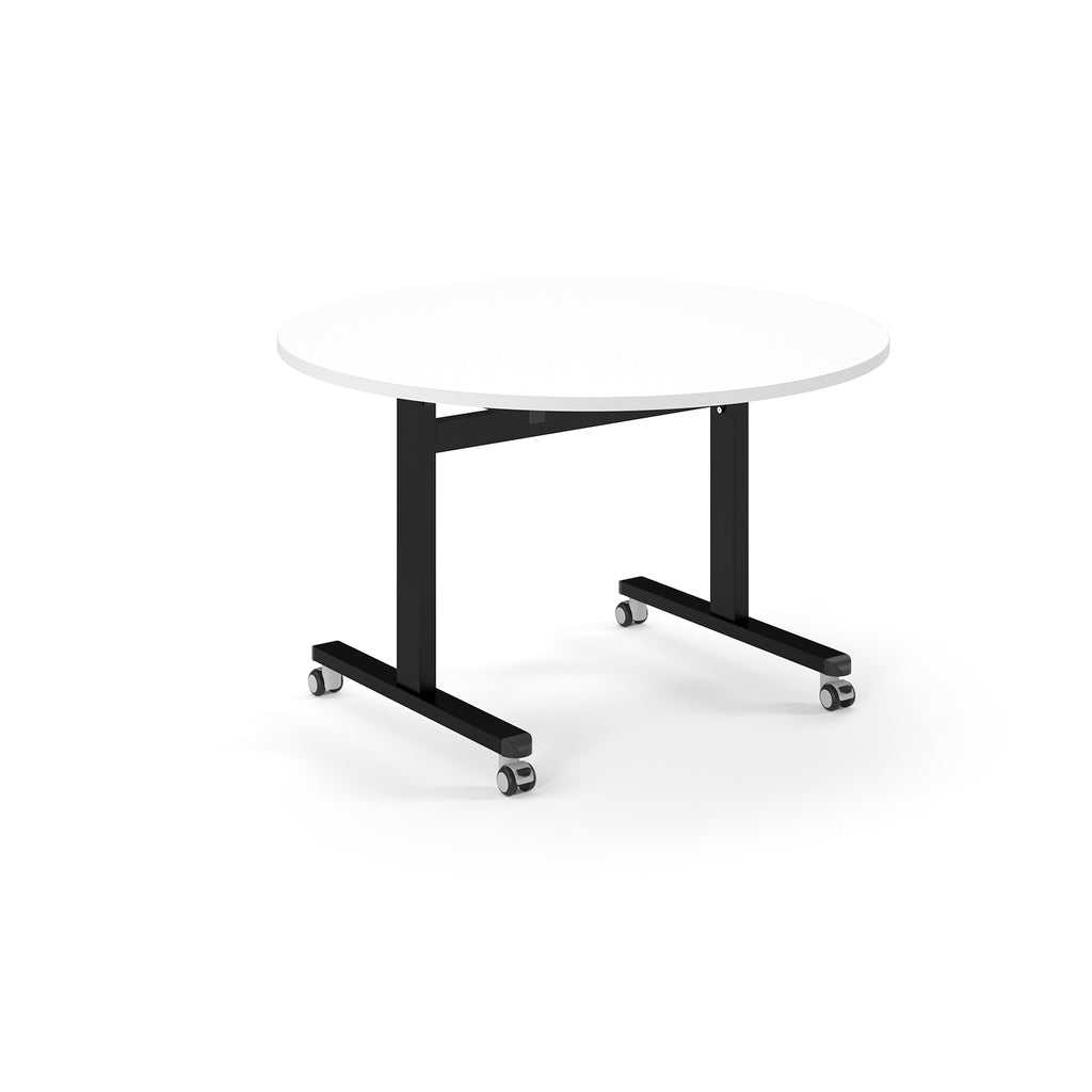 Round table with white top and metal legs with wheels on a white background