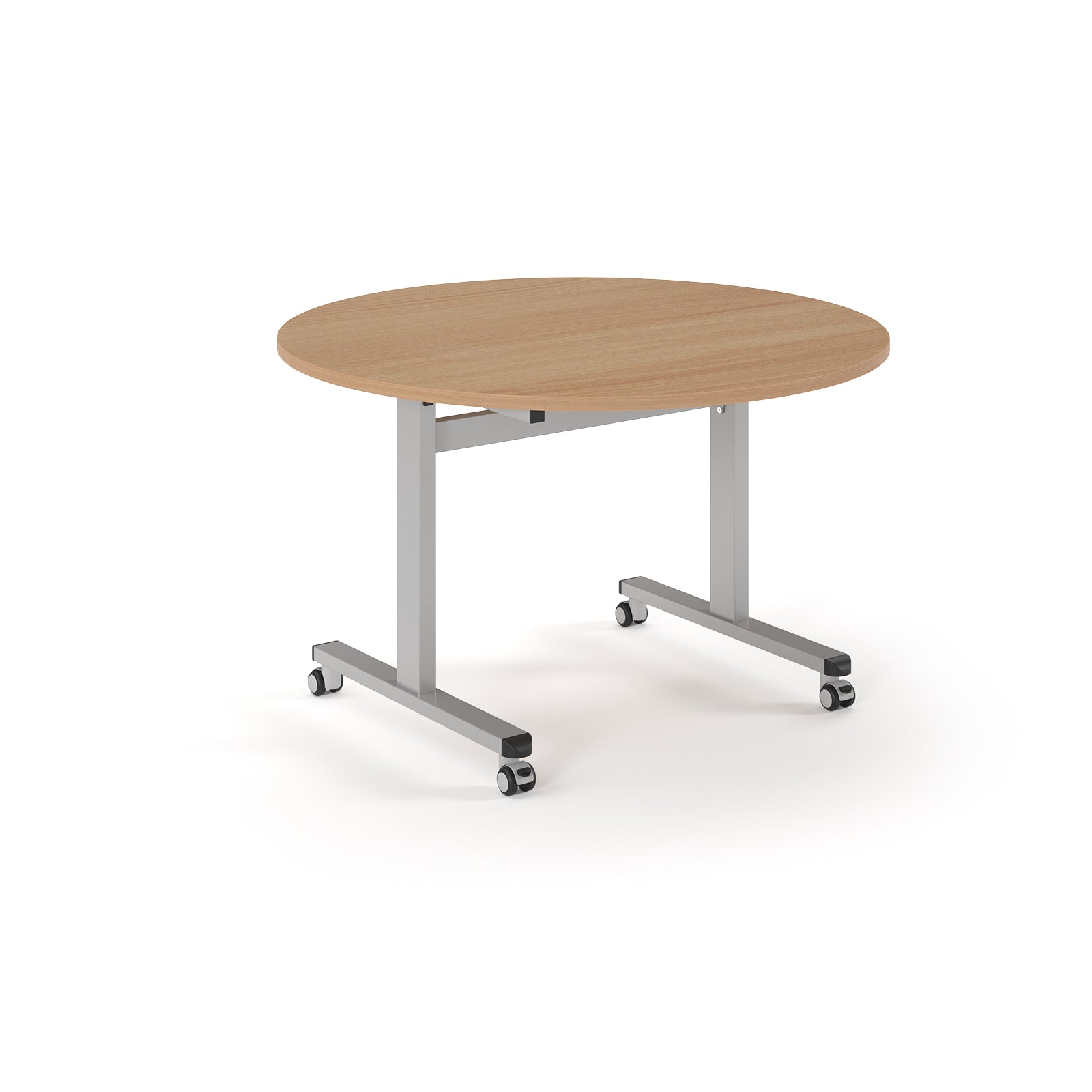 Round table with wood-effect top and metal legs with wheels on a white background