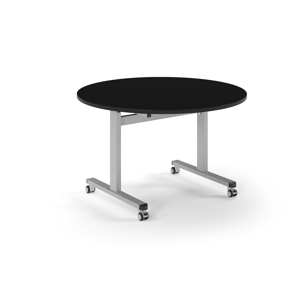 Round table with black top and metal legs with wheels on a white background