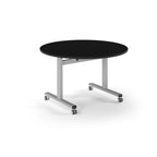 Round table with black top and metal legs with wheels on a white background