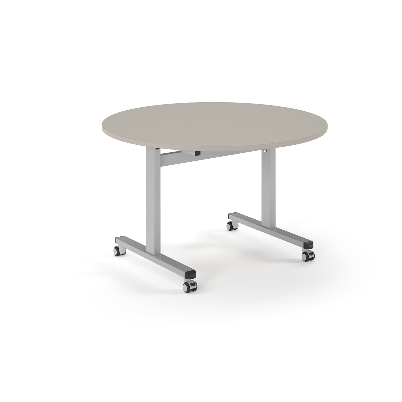 Round table with light grey top and metal legs with wheels on a white background