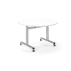 Round table with white top and metal legs with wheels on a white background