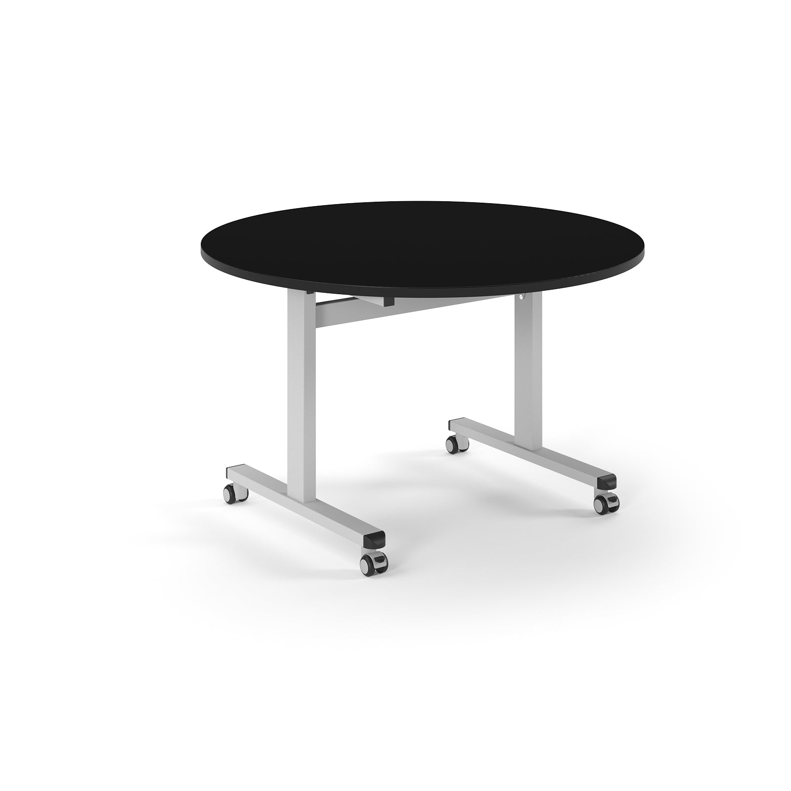 Round table with black top and metal legs with wheels on a white background
