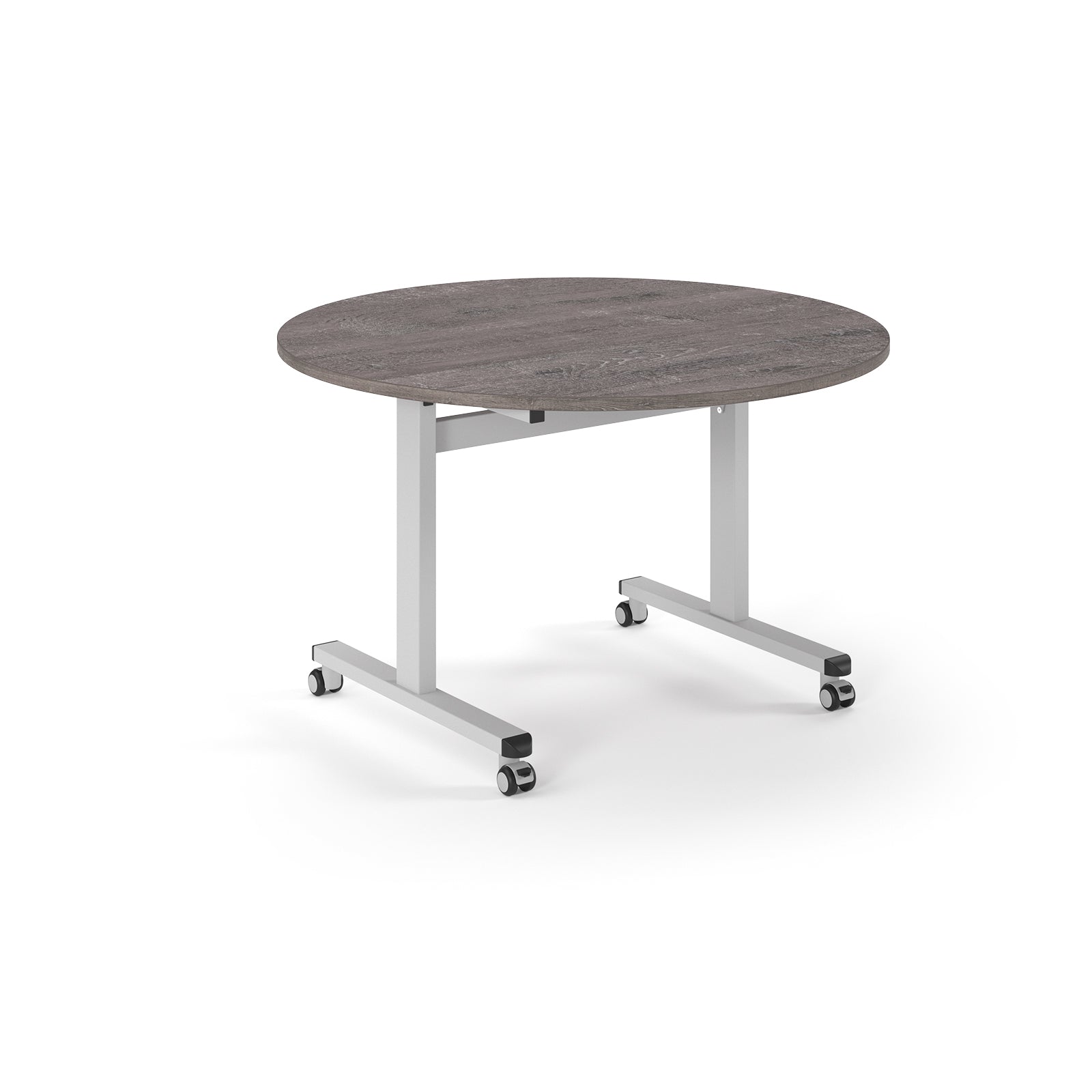 Round table with grey wood-effect top and metal legs with wheels on a white background