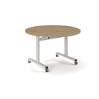 Round table with wood-effect top and  metal legs with wheels on a white background