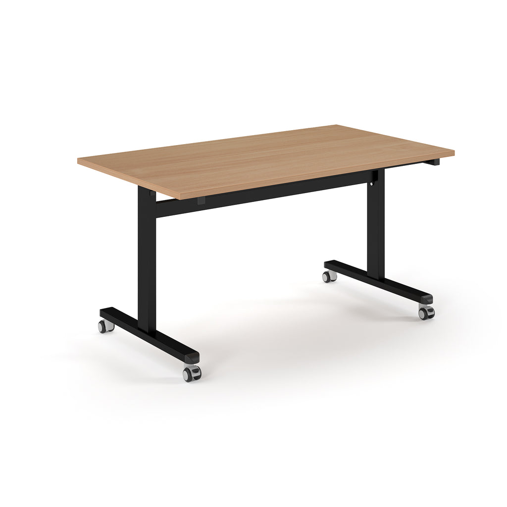 Rectangular table with wood-effect top and metal legs with wheels on a white background