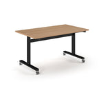 Rectangular table with wood-effect top and metal legs with wheels on a white background