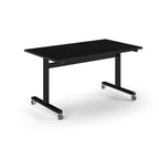 Rectangular table with black top and metal legs with wheels on a white background