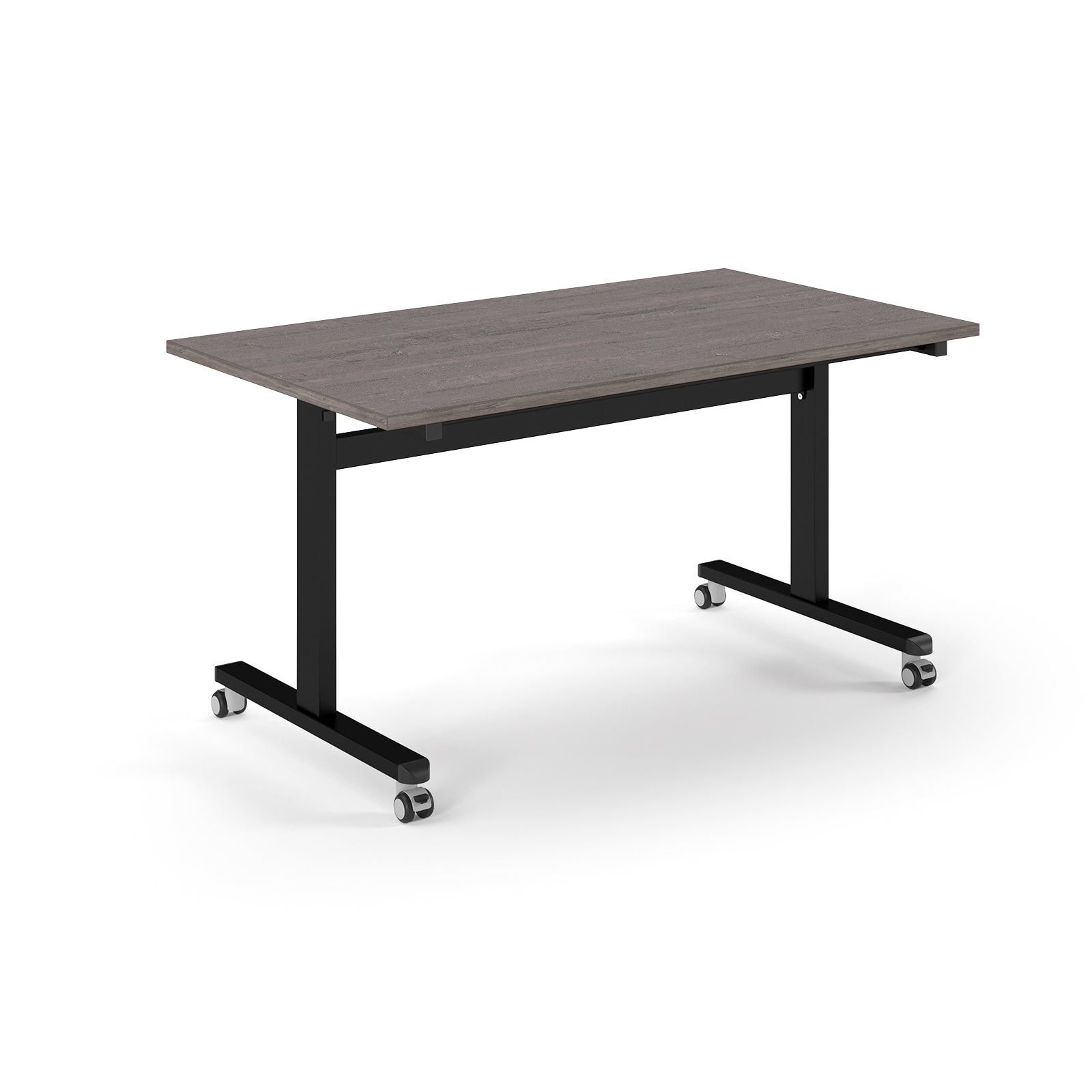 Rectangular table with grey wood-effect top and metal legs with wheels on a white background