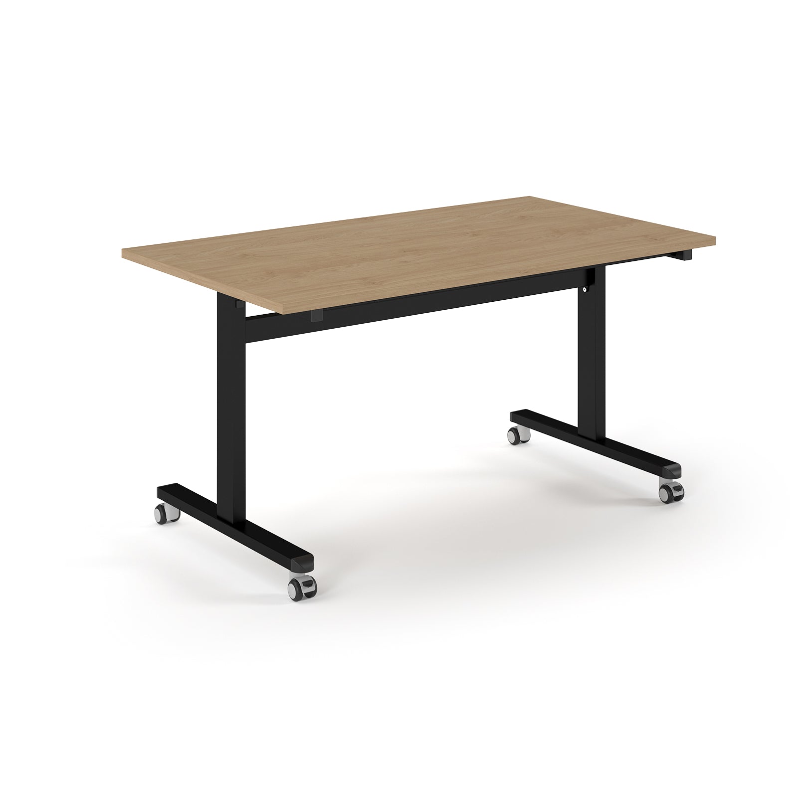 Rectangular table with wood-effect top and metal legs with wheels on a white background