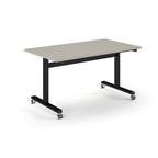 Rectangular table with light grey top and metal legs with wheels on a white background