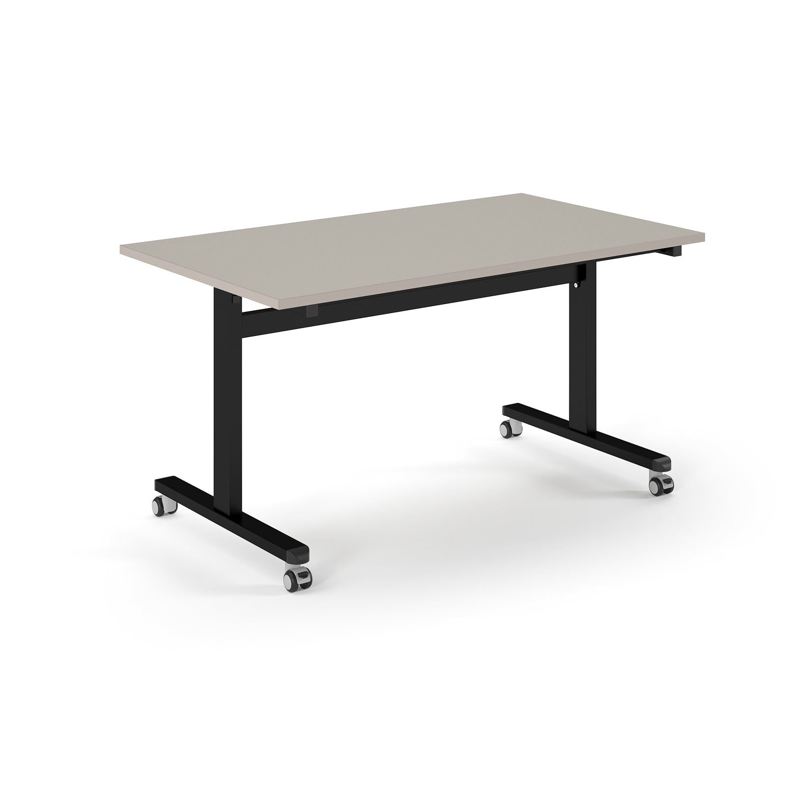 Rectangular table with light grey top and metal legs with wheels on a white background