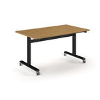 Rectangular table with wood-effect top and metal legs with wheels on a white background