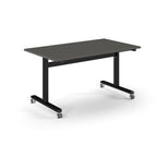 Rectangular table with grey top and metal legs with wheels on a white background