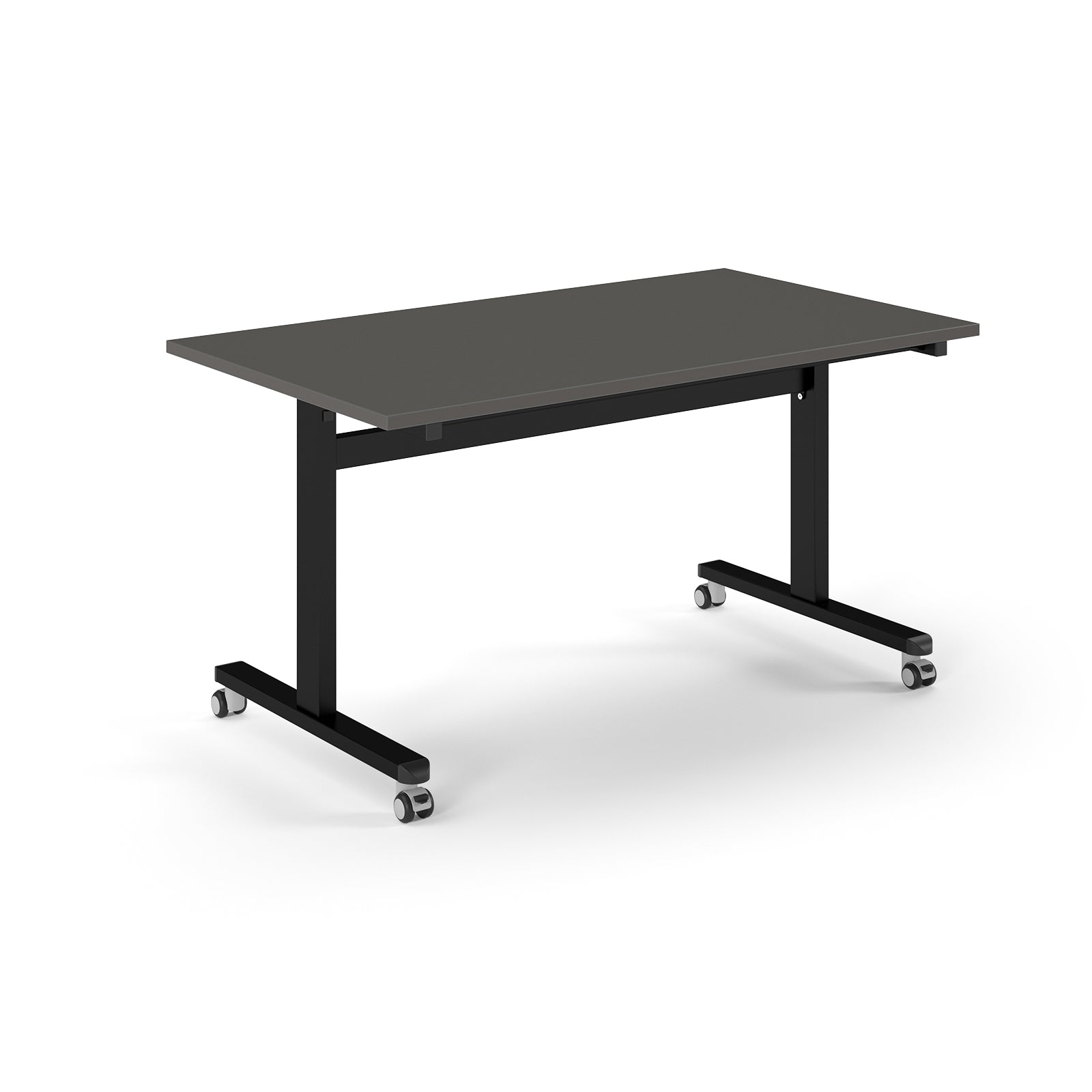 Rectangular table with grey top and metal legs with wheels on a white background