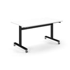 Rectangular table with white top and metal legs with wheels on a white background