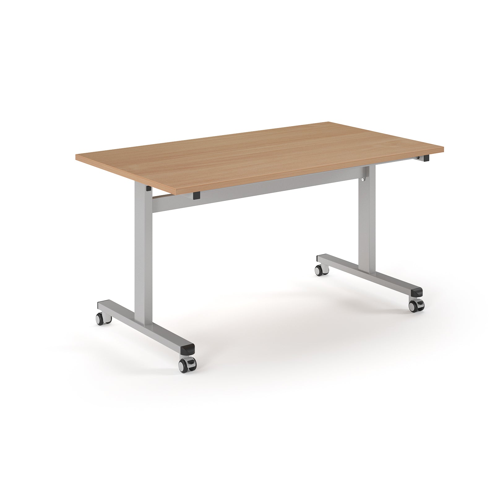 Rectangular table with wood-effect top and metal legs with wheels on a white background