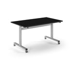 Rectangular table with black top and metal legs with wheels on a white background