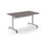 Rectangular table with wood-effect top and metal legs with wheels on a white background