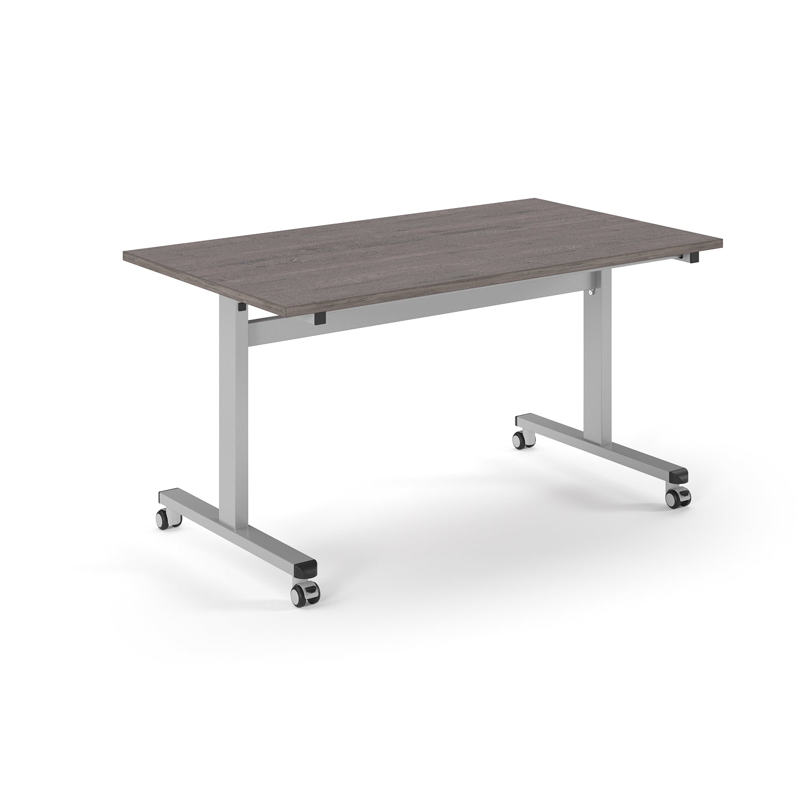 Rectangular table with wood-effect top and metal legs with wheels on a white background