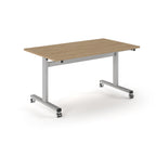 Rectangular table with wood-effect top and metal legs with wheels on a white background