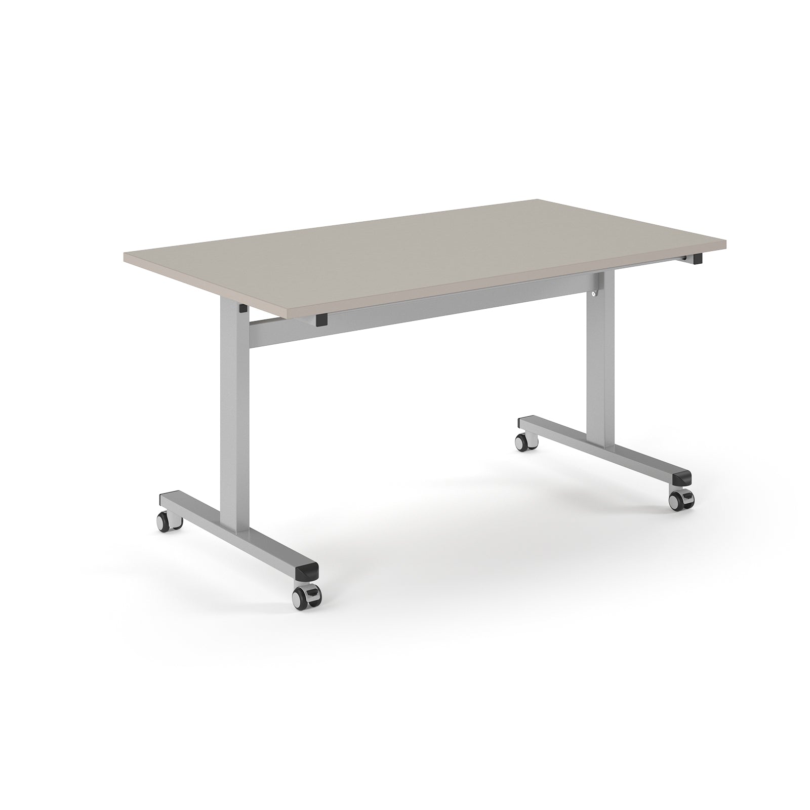 Rectangular table with light grey top and metal legs with wheels on a white background