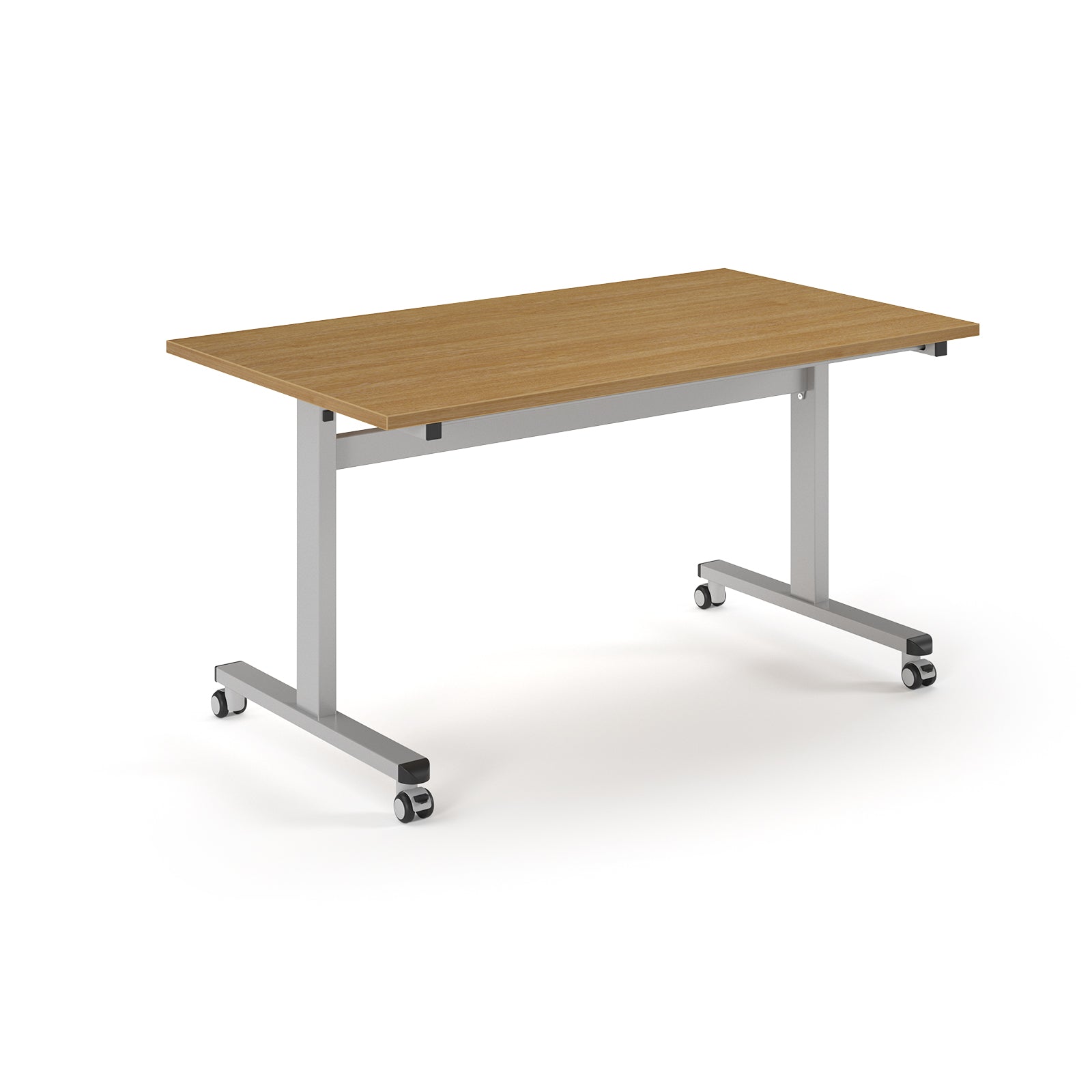 Rectangular table with wood-effect top and metal legs with wheels on a white background