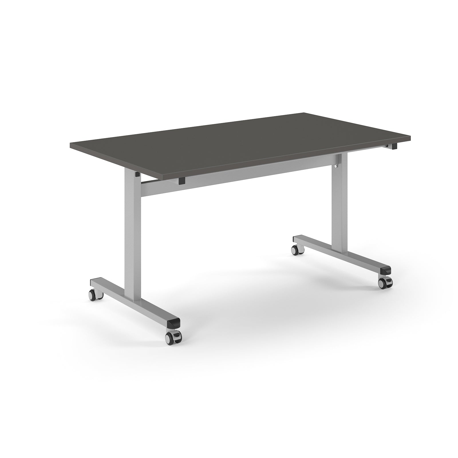 Rectangular table with dark grey top and metal legs with wheels on a white background