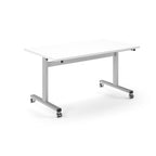 Rectangular table with white top and metal legs with wheels on a white background