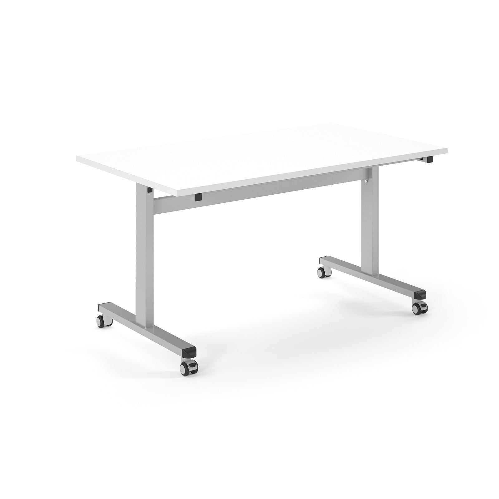 Rectangular table with white top and metal legs with wheels on a white background