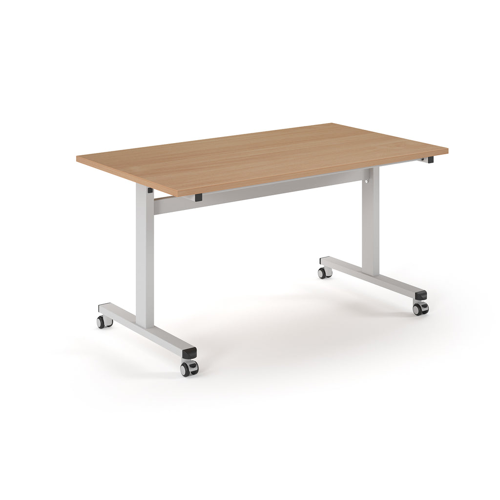 Rectangular table with wood-effect top and metal legs with wheels on a white background