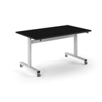 Rectangular table with black top and metal legs with wheels on a white background