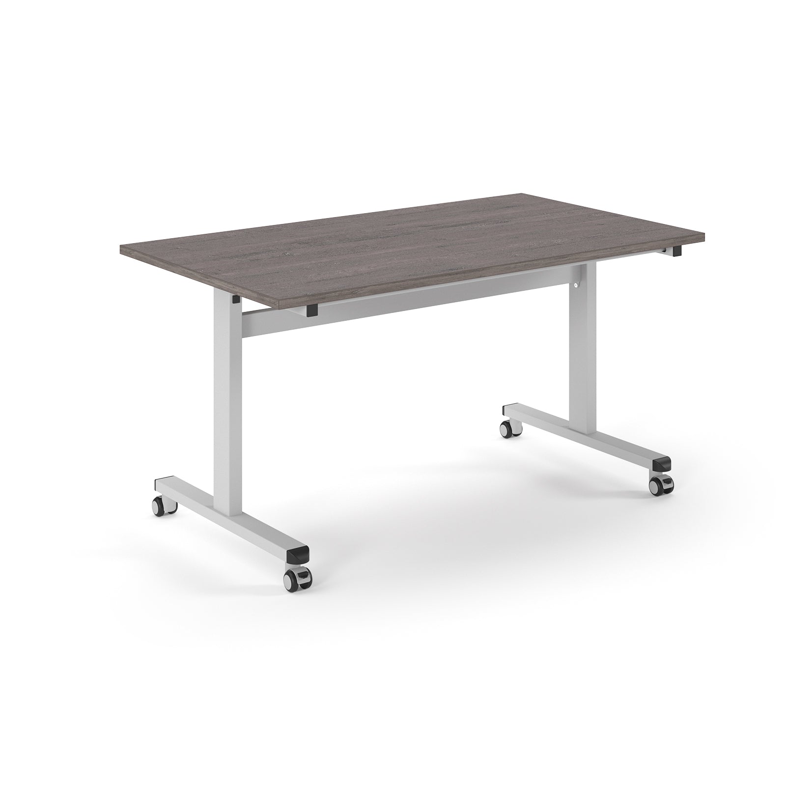 Rectangular table with grey wood-effect top and metal legs with wheels on a white background
