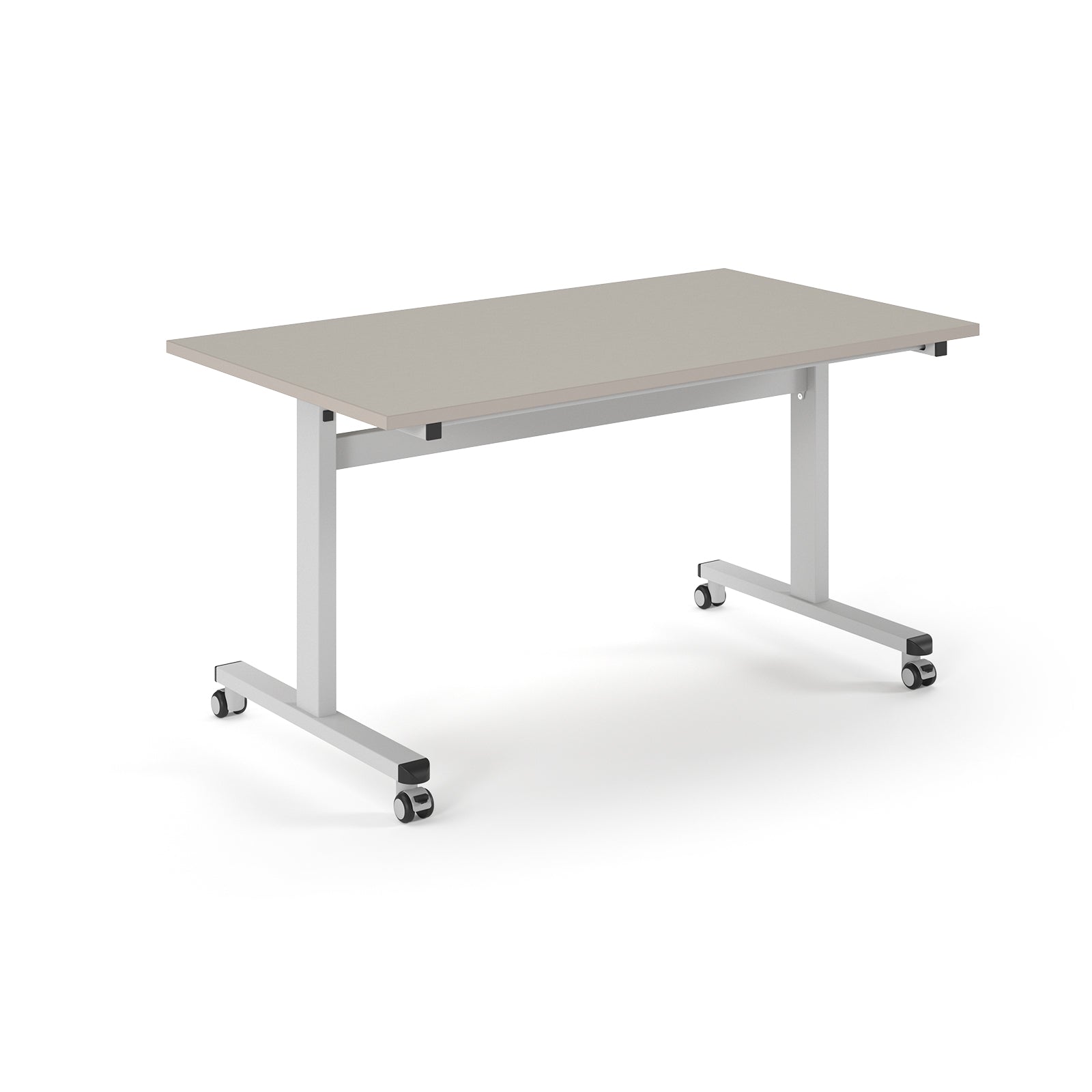 Rectangular table with light grey top and metal legs with wheels on a white background