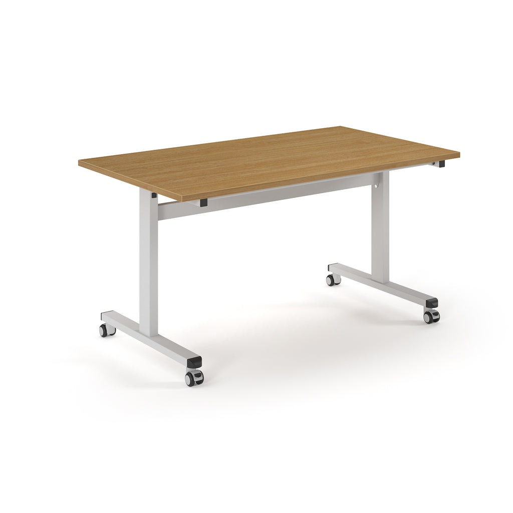 Rectangular table with wood-effect top and metal legs with wheels on a white background