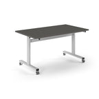 Rectangular table with grey top and metal legs with wheels on a white background