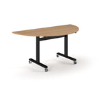 Semi-circular table with wood-effect top and metal legs with wheels on a white background