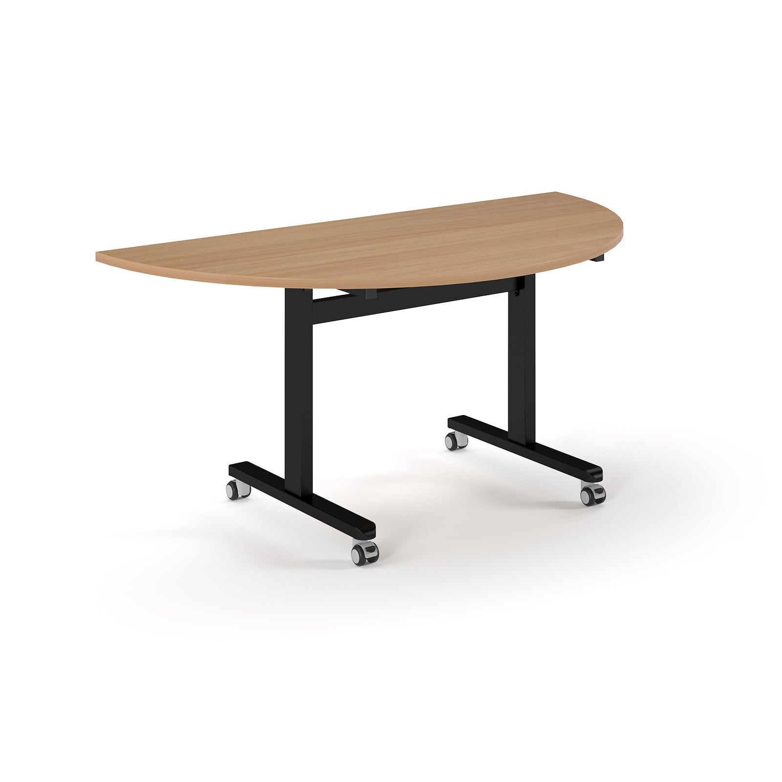 Semi-circular table with wood-effect top and metal legs with wheels on a white background